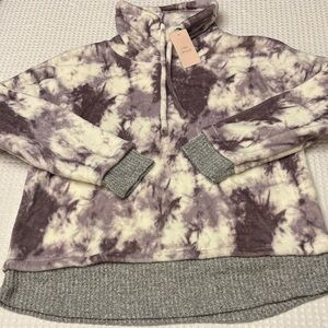 NEW! COMO VINTAGE Tie Dye Fleece Top Sweatshirt Funnelneck Purple White Gray L